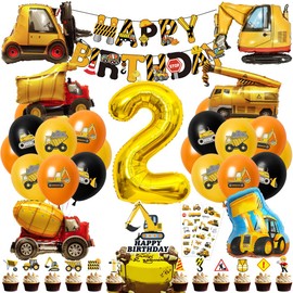 Cadimus Excavator Decoration Children's Birthday 2, Birthday Decoration 2 Years Boy, Construction Site Birthday Decoration, Digger Decoration with Digger Happy Birthday Banner, Foil Balloons 2 Years
