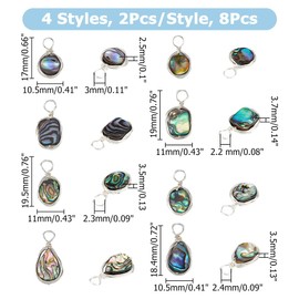 Hobbspring Pack of 8 Abalone Shell Charms, 4 Styles, Paua Shell Pendant, Sea Shell Pendant with Copper Wire, Sliver, Colourful Oval Teardrop, Natural Abalone Shell Charms for Jewellery Making, Paua