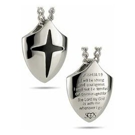 Shields of Strength Men's Stainless Steel Silver Cross Shield Pendant Necklace Joshua 1:9 Bible Verse Christian Faith Chain Baptism Soldier Boys Gifts