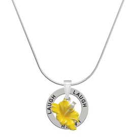 Delight Jewelry Silvertone Yellow Hibiscus Flower - Laugh Ring Charm Necklace, 18"