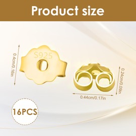 16 PCS Sterling Silver Earring Backs, Earring Backs Replacements White Gold Plated Earring Backs Sterling Silver Butter Fly Backs for Earrings, Sterling Silver Butterfly Backs Earring (Gold)