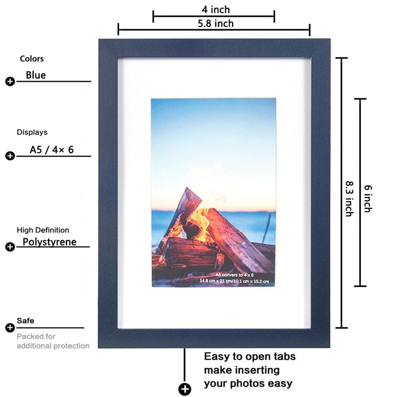 Navy Blue Wooden A5 Picture Frame Set of 4, Freestanding