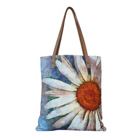 COTT N CURLS Daisy Book Tote - 16" x 15" Canvas Bags with Zipper, Handcrafted Tote Bag with Compartments, Durable Work Tote Beach Bag with Digitally Printed Designs and Leather Handles
