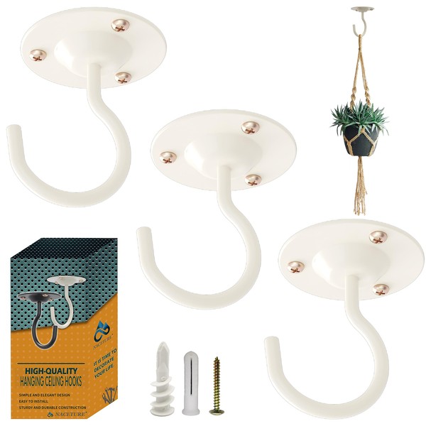 NACETURE Ceiling Hooks for Hanging Plants 3 Pack - Plant Hanger Indoor Hanging Hooks Metal Plant Bracket Iron Lanterns Hangers for Wind Chimes, Planters (Round White 3 Pack) (White, 3 Pack)