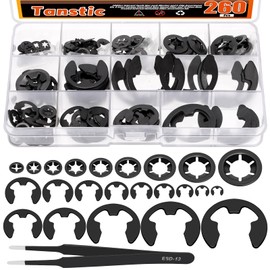 Tanstic 260Pcs Internal Tooth Star Lock Washers and E-Clip Push On Locking Washers Quick Speed Locking Washers External Retaining Ring with Tweezers for Machinery Equipment, Bearings, Shafts