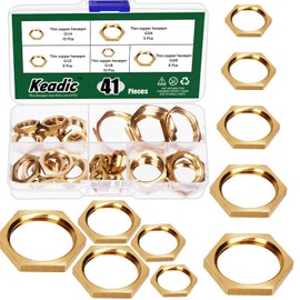 Keadic 41Pcs 5 Sizes Hex Brass Female Locknut Assortment Set Contains G1/8 G1/4 G3/8 G1/2 G3/4 Lock Nuts for Plumbing, Washing Machines, Air Conditioners