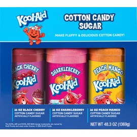 Nostalgia Kool-Aid Cotton Candy Flossing Sugar Party Kit 3-Pack, Black Cherry, Sharkleberry, Peach Mango, 3-16 oz bottles - 48 total ounces - Bottles of Cotton Candy Sugar Mix
