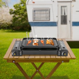 2-Burner Portable Camp Stove, Butane Camping Stove with Non-sticking Grill Tray, Outdoor Travel Camp Stove With Automatic Ignition, Safety Features, Perfect for Camping, Hiking, BBQ and Home, Black