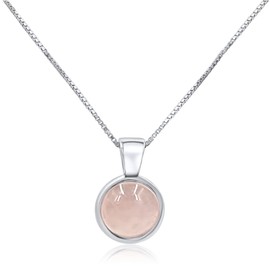 Natural rose quartz gemstone 8mm round pendant with white gold over 925 sterling silver bezel cabochon plate and box chain, real genuine dainty birthstone gift for her, uniquelan jewelry (rose-quartz)
