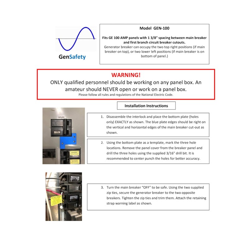 GenSafety Generator Breaker Panel Interlock Kit for GE 100 Amp