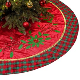 Valery Madelyn Christmas Tree Skirt for Tree Decorations, 60 Inch Traditional Red Green Gold Large Xmas Velvet Tree Skirt with Holly Leaves Pattern & Tartan Trim for Tree Merry Christmas Party Decor