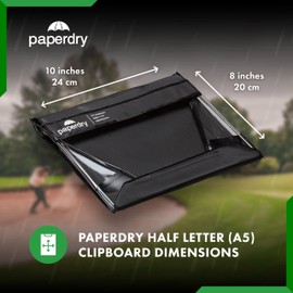 Waterproof Clipboard A5 Half Letter Landscape by Paperdry, Black, Superior PVC Plastic with Cold Protection, Outdoor Covered Clip Board with Storage, for Golf Scorecards