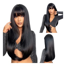 Peluca Cabello Natural Larga Marrón Para Mujer Con Flequillo