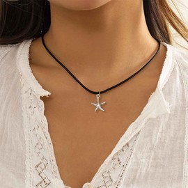 IRCOMULTI Boho Black Leather Rope Choker Necklace Silver Starfish Pendant Necklace Scallop Conch Seashell Starfish Necklace Beach Starfish Necklace Jewelry for Women