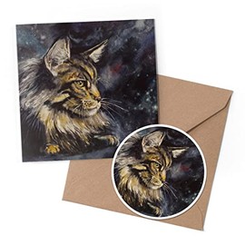 1 x Greeting Card & 10 cm Round Sticker Set - Maine Coon Cat Painting Art - Birthday Thank You Friend Lover Fan Mum Dad Kids #15684