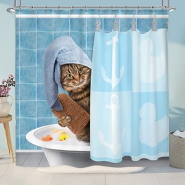 Riyidecor Funny Cat Shower Curtain 72Wx72H Kids Cute Cartoon Blue Bathing Animal Kitten Yellow Rubber Duck Head 12 Pack Fabric Hooks Wrapped Bath Towel Blue Decor Fabric Polyester