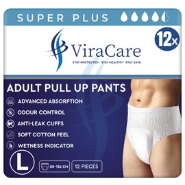 ViraCare 12 x Super Plus Incontinence Pants Women & Men | Adults Nappies | Advanced Absorption and Soft-Stretch Waistband | Adults Pull Up Pants | Waist Size Large 80-156 cm |(1 Pack of 12, Large)