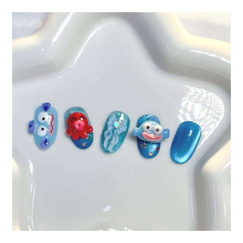 [Premium handmade embossed nails] Fish and octopus - Long Oval