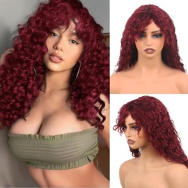 ManeMajesty Peluca Roja Con Flequillo De 56 Cm, Ondulada Y Húmeda, Sin Pegamento, Frontal Sin Encaje, Hecha A Máquina, Rizada, Cabello Humano Virgen Brasileño De 150% De Densidad, Color 99J.