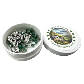 Irish Rosary Set Green Acrylic Bead with Metal Celtic Crucifix with Ireland Scene Case for First Communion or Saint Patricks Day