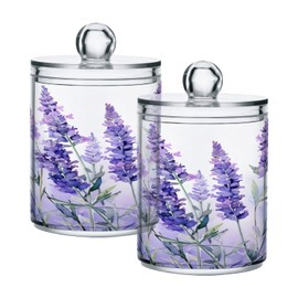 2 Pack Qtip Holder Dispenser for Cotton Ball Purple Lavender Floral A Swab Round Pads Clear Plastic Acrylic Jar Set Bathroom Canister