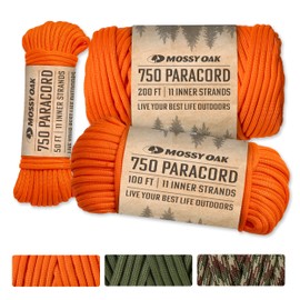 Orange Paracord 750 Heavy Duty Paracord Rope by Mossy Oak in 50 FT, 100 FT & 200 FT Lengths - Camping, Fishing, Hunting, Outdoor Use & DIY Crafting - Available in Camo & Olive Green Paracord Spools
