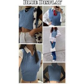 Lailezou Women's V-Neck Knit Sweater Vest Solid Color Argyle Plaid Preppy Style Sleeveless Crop Knit Vest