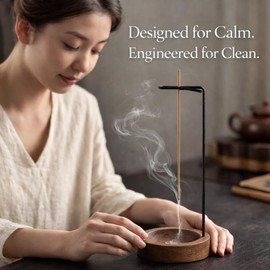 Upside Down Incense Stick Holder with Ash Catcher Bowl, Wooden and Metal Hanging Incense Burner, Clean Ash Collecting Design for Meditation, Yoga, Home, Office and Relaxation Spaces