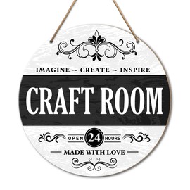 Craft Room Door Decor Sign, Black and White Craft Room Round Wood Hanging Sign Wall Decor, Farmhouse Decorations for Office Craft Room Gifts for Crafter Craft Lovers Women Men, Make With Love