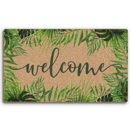 BitKAM Tropical Green Botanical Coco Coir Doormat Door Welcome Mat for Home Entrance Front Door, Summer Fern Monstera Leaf Welcome Floor Mats for Outdoor Outside Entryway 30x17 Inch