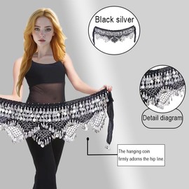 TRIMODI Women's Belly Dance Hip Scarves Performing Glittering Sequined Coins Velvet 320 Coins Belly Dance Belt (Black Silver)