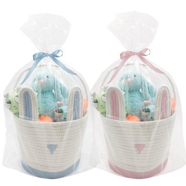ZWHTB 2 Pack Large Woven Easter Baskets for Kids - Boy & Girl Options, Empty Basket with Gift Bags and Ribbons Cute Easter Decorations Bunny Ears Designs (Pink+Blue)