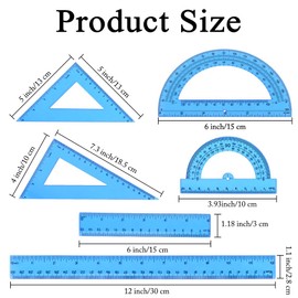 Plastic Clear Ruler Math Set, 6" | 12" Straight Ruler Protractor, 2 Protractors 180 Degree 2 Triangle Rulers 45 | 60 Degree 2 Straight Rulers Measuring Tool for School Office Home Supplie,Blue