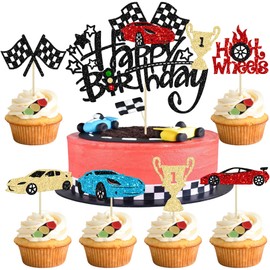 Juego de 25 decoraciones para tartas de feliz cumpleaños de coche de carreras, diseño de trofeo, con bandera de trofeo, casco de carreras para cupcakes, decoración temática de Let's Go Racing, baby