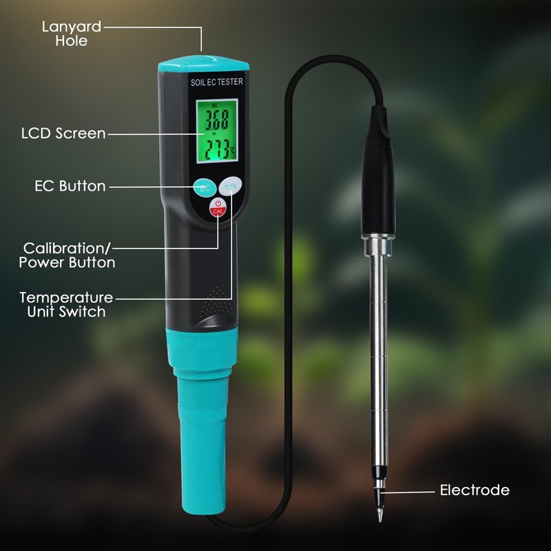 Digital Soil Meter with Corde Sensor, 2-in-1 Soil EC &
