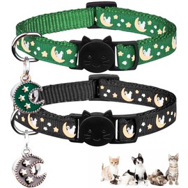 2Pcs Breakaway Cats Collars Cat Collars for Boy & Girl Cats Adjustable Kitten Collars with Bell,Black+Emerald,8"-13.1"