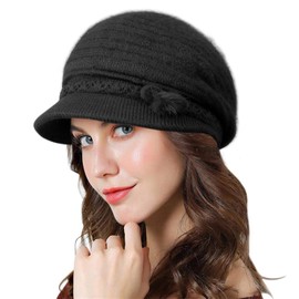 Genfien Brim Cap Newsboy Cap for Women Knitted Beret Hat Thick Fleece Lined Retro Casual Crochet Fashion Knitted Hat Lightweight Winter, black