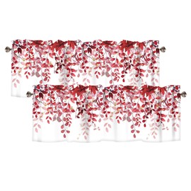 AYTTBIS Red Eucalyptus Leaves Curtain Valance for Windows Watercolor Window Treatments 2 Panels Short Curtains for Kitchen Windows Bathroom Bedroom,54 x 18 Inch
