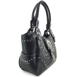 Justin West Tooled Floral Embroidery Buckle Studded Concealed Carry Tote Purse (Black Purse Only)