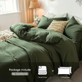 MooMee Bedding Duvet Cover Set 100% Washed Cotton Linen Like Textured Breathable Durable Soft Comfy (Solid Olive Green, Super Queen 90"x98")