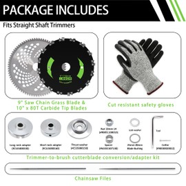 Brush Cutter Trimmer Conversion Kit with 9"x20T Carbon Steel Chainsaw Brush Cutter Blade & 10"x80T Carbide Tip Blades, Includes Files, Gloves Compatible with Echo Models SRM-225, SRM-266, SRM-280 etc