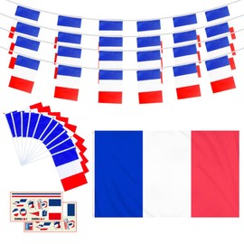French Flag Set - 10m French String Flags 1 France Large Flag 10 France Hand Waved Flags 2 Tattoo Stickers Patriotic Event Holiday Decorations Parade Supplies For Patriotic Themed Parties