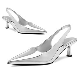 DREAMCIA Women's Pumps Slingback Heels Pointed Toe Sling Back Kitten Heels Women,Metallic Slingback Pumps,Bride Dresses Wedding Shoes Silver 5.5
