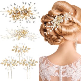 inSowni 5 Pieces Gold Metal Pearl Rhinestone Wedding Bridal Leaf Flower Hair Clips Barrettes+U-shaped Floral Hair Pins Accessories Headpieces for Brides Bridesmaids Women Girls