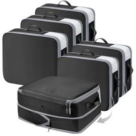 Homsorout Space Saving Compression Organisers - Set of 6, Expandable Storage Bags for Bedding & Clothing Large Capacity Compressible Packing Cubes with Clear Window, Black