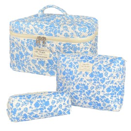 WYJ Blue Large Quilted Floral Makeup Bag Set of 3 Cute Coquette Aesthetic Cosmetic Bag Set Travel Toiletry Bag for Women