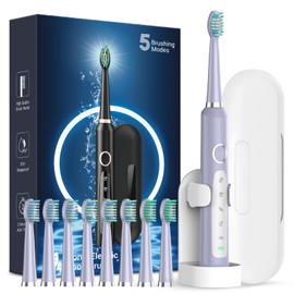 Rtauys M5 Sonic Electric Toothbrush for Adults - Rechargeable Electric Toothbrushes with 8 Heads & Travel Case, Power Electric Toothbrush with Holder, 3 Hours Charge for 120 Days - Light Purple