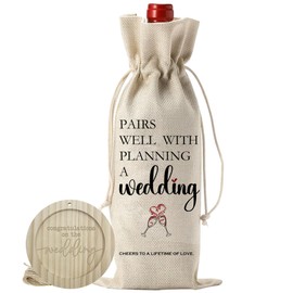 Burlap Wine Bags With Drawstrings & Wood Coaster-Pairs Well With Planning A Wedding-Cheers To A Lifetime Of Love Bottle Bags For Bride & Groom-Reusable Wine Gift For Wedding Party Favors-A08