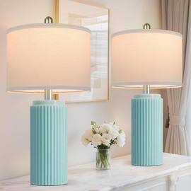23.5’’ Farmhouse Table Lamps for Living Room Set of 2, Modern Elegant Ceramic Bedside Nightstand Lamps with White Linen Shade for Bedroom, Coastal Lamps Set for Study Home Office:_Light Green_23.5"