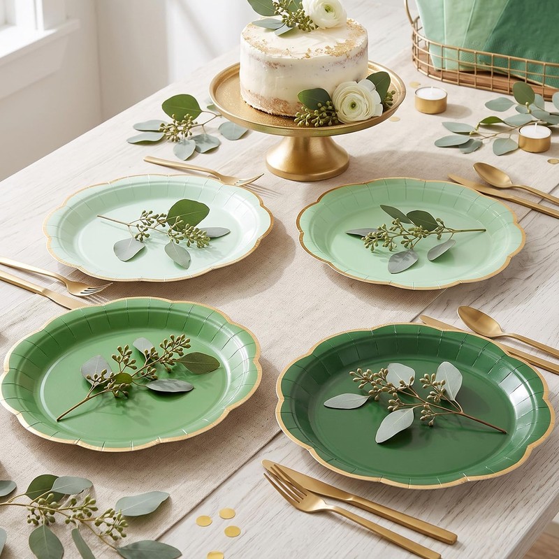 9 Inch Green Gradient Paper Plates, Gold Rim Party Plates